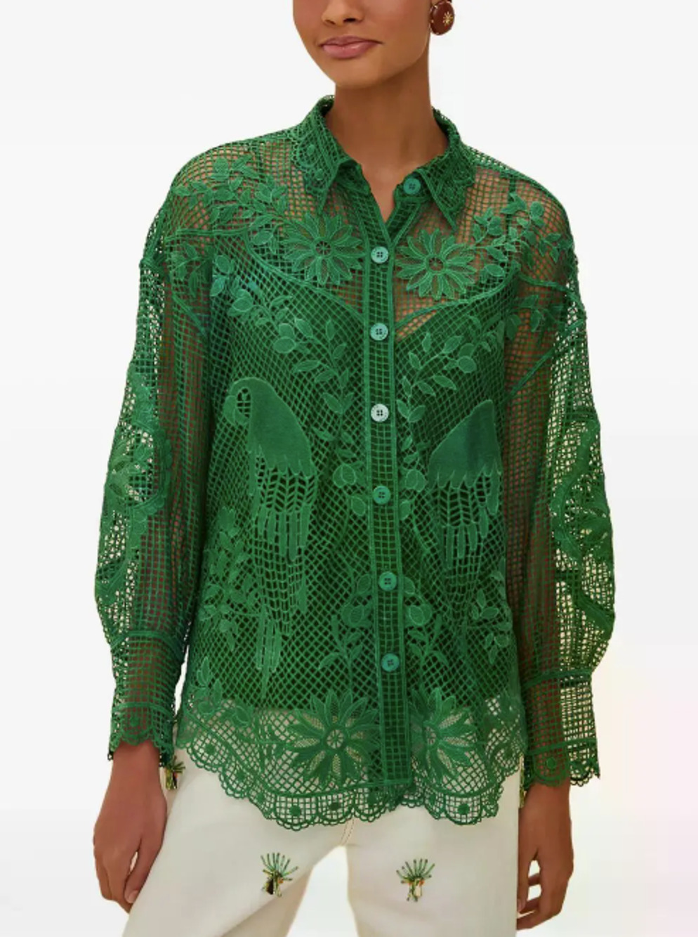 Farm Rio Landscape Guipure Lace Blouse Green Linen Viscose Blend Embroidered XL